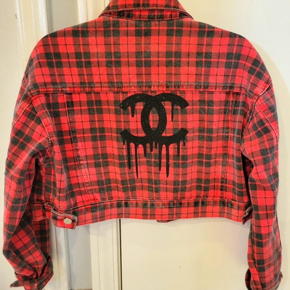 Red plaid denim CC  jacket cropped bomber small/med